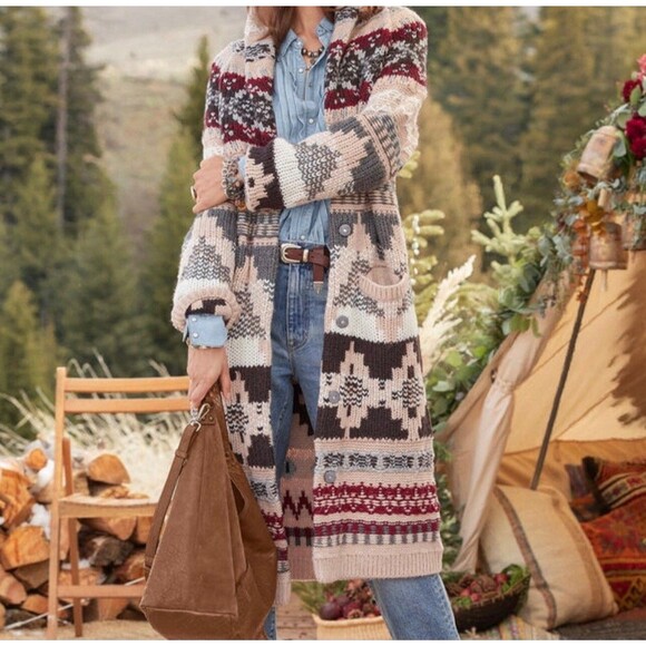 SUNDANCE Juneau Skies Long Sweater Coat Womens PXS Fair Isle Western Chunky Knit - Picture 2 of 11